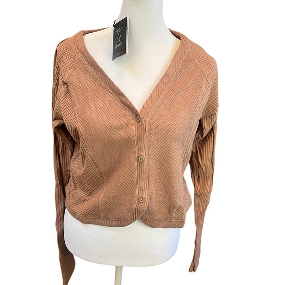 Area Stars NWT Ribbed Boyfriend Top V Neck Button Down Long Sleeve Brown XL - Picture 1 of 11
